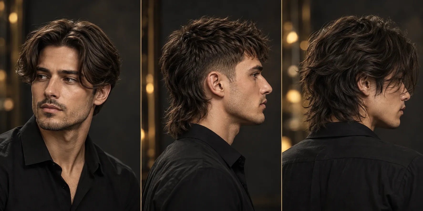Generált illusztráció: balról középen elválasztott middle part, rövidebb oldalú mullet és réteges wolf cut.