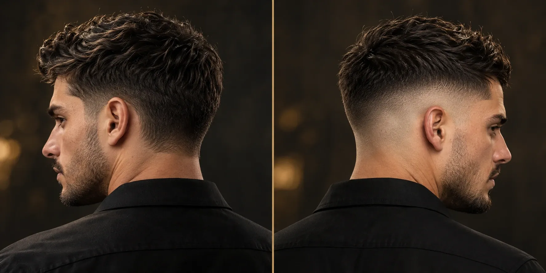 Generált illusztráció: balra a halántéknál és tarkónál rövidülő taper, jobbra bőrig rövidített skin fade.